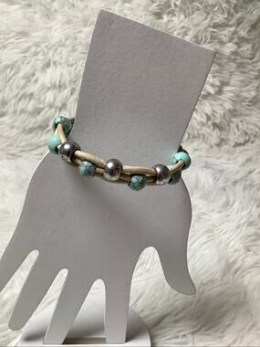 Lucky Brand Multi Strand Leather Turquoise Silver Beaded Bracelet Boho F17-17
